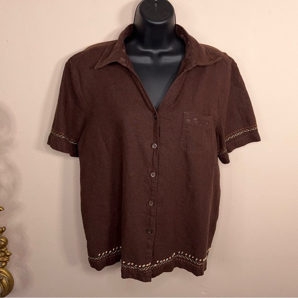 Vintage Large Classic Elements Brown Linen Blend Short Sleeve Button Up Top - Picture 10 of 13